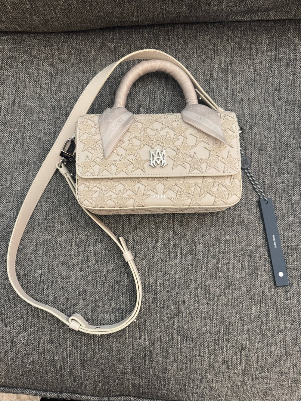 AMIRI Cream Star-Embossed Leather Satchel with Silver Logo